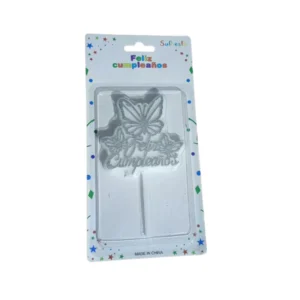 Vela Topper Mariposas Silver Glitter "Feliz Cumpleaños"
