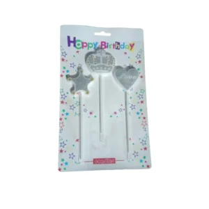 SV (1) Set x3 Velas Topper Plata Glitter Corona, Estrella y Corazón