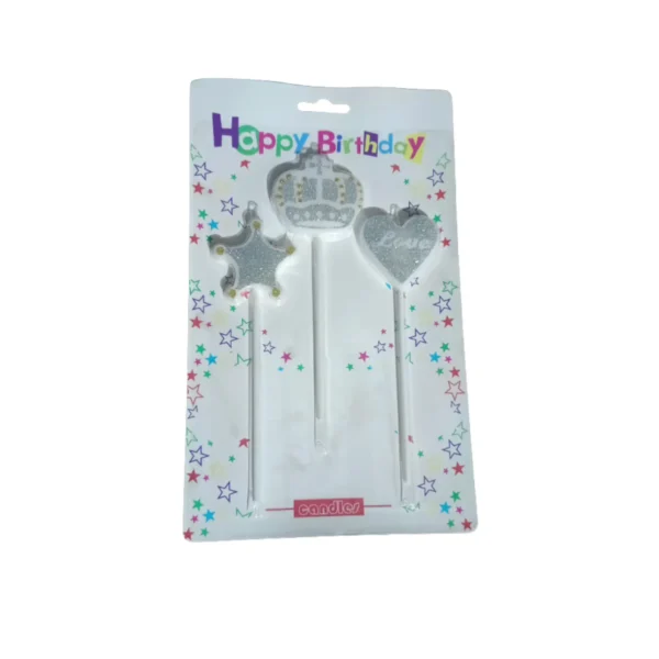 Set x3 Velas Topper Plata Glitter Corona, Estrella y Corazón