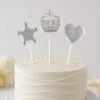 Set x3 Velas Topper Plata Glitter Corona, Estrella y Corazón