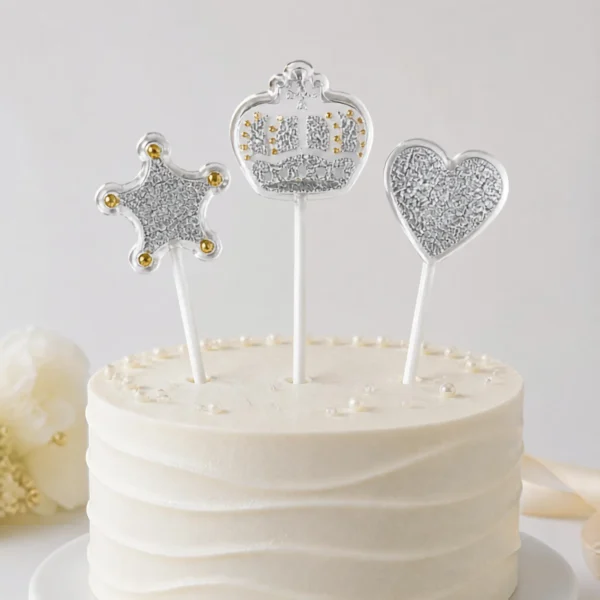 Set x3 Velas Topper Plata Glitter Corona, Estrella y Corazón