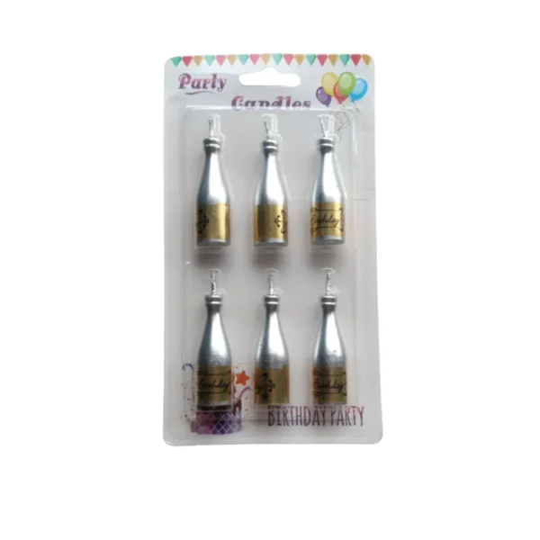 Set x6 Velas Botella de Champagne Plateadas "Birthday"