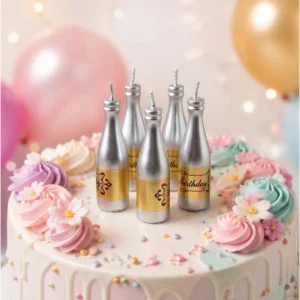 Set x6 Velas Botella de Champagne Plateadas "Birthday"