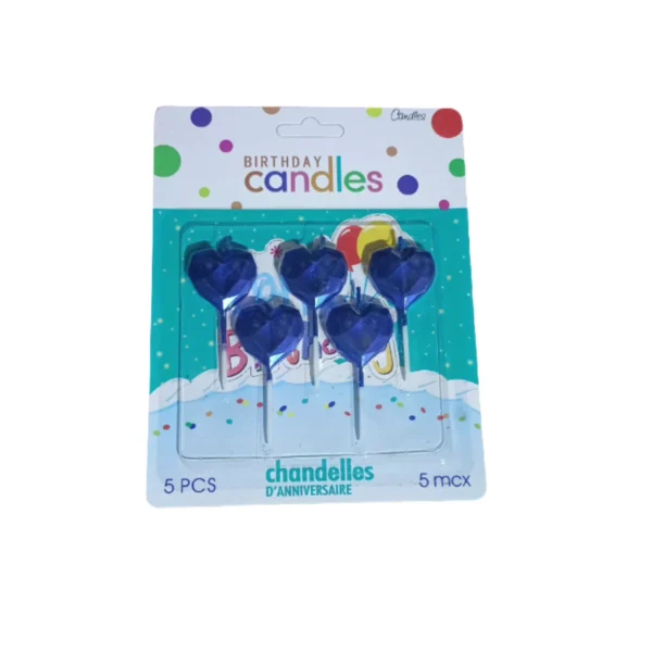 Set x5 Velas Corazón Geométrico Azul Metalizado "Birthday"