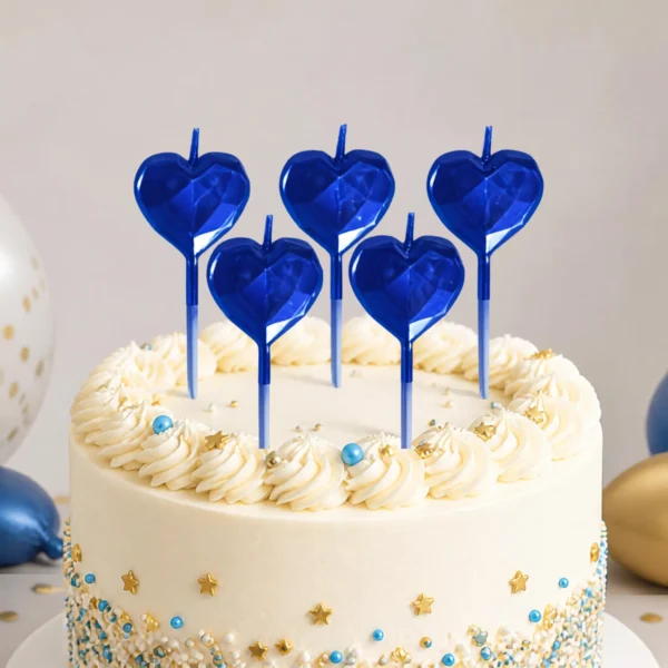 Set x5 Velas Corazón Geométrico Azul Metalizado "Birthday"