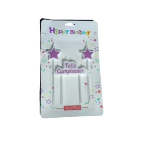 Set x3 Velas Topper Púrpura Glitter Letrero "Feliz Cumpleaños" y Estrellas